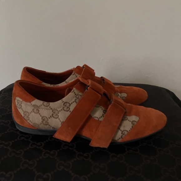 Gucci - Orange Suede Monogram Sneakers - Picture 2 of 6